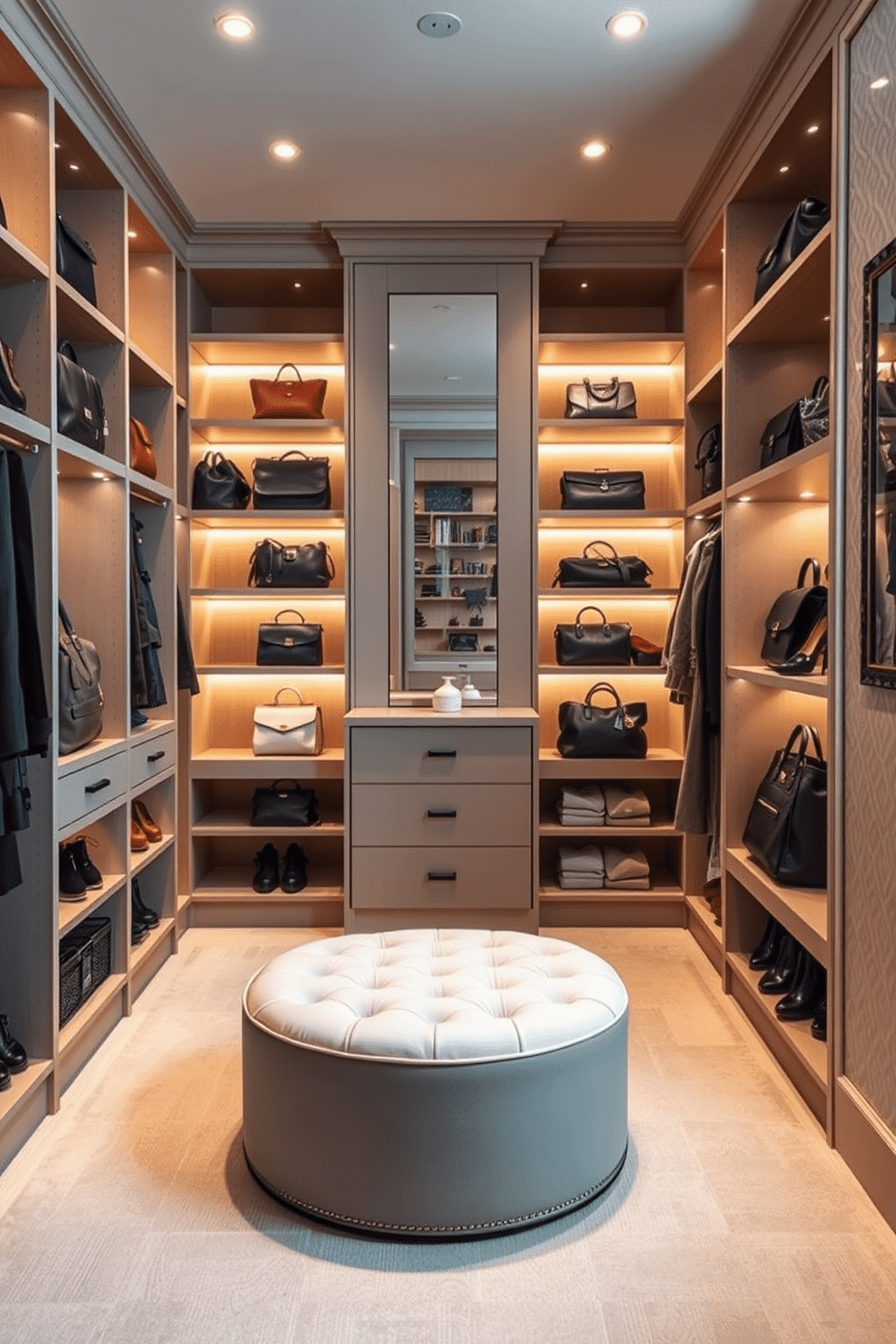 A stylish walk-in closet designed for optimal bag organization. The space features custom shelving units with various compartments specifically tailored for different bag sizes, ensuring everything is easily accessible. Soft, ambient lighting highlights the elegant finishes, while a plush ottoman in the center provides a comfortable spot for trying on shoes. The walls are adorned with a subtle pattern, and a large mirror reflects the organized beauty of the space.