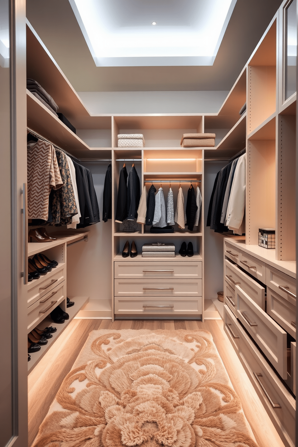 A luxurious walk-in closet features adjustable shelving that allows for personalized storage solutions. The space is designed with a combination of hanging rods and shelves, maximizing both function and style. Soft, ambient lighting highlights the organized layout, while a plush area rug adds warmth underfoot. Elegant shoe racks and dedicated accessory drawers ensure everything has its place, creating a serene and inviting atmosphere.