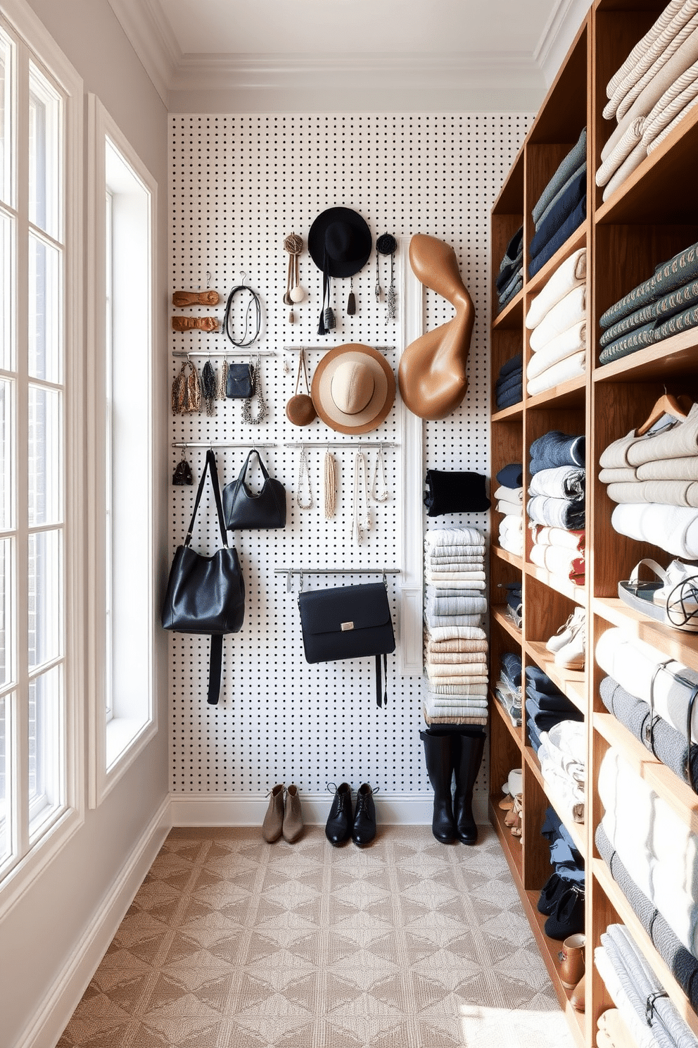 A stylish walk-in closet featuring a pegboard wall for organizing accessories. The pegboard is adorned with hooks and shelves displaying bags, jewelry, and hats, creating an efficient yet visually appealing space. The closet is spacious, with ample natural light streaming in through a large window. Elegant wooden shelving lines the opposite wall, holding neatly folded sweaters and shoes arranged by color for a cohesive look.