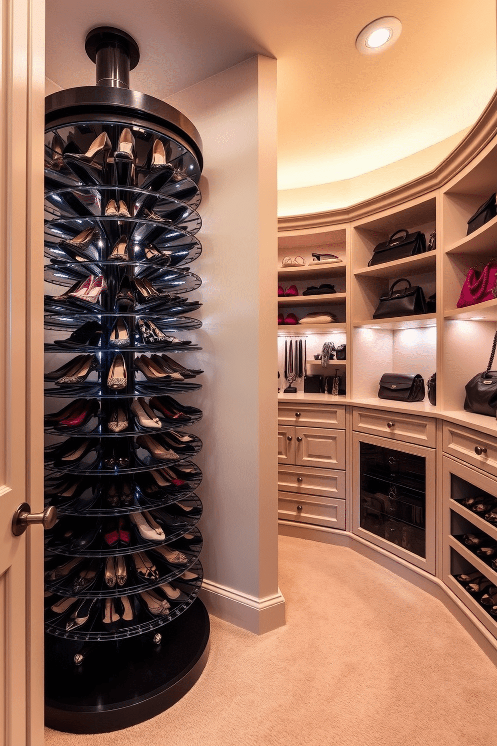 A luxurious walk-in closet featuring a shoe carousel for easy access, elegantly designed with ample shelving for accessories. The walls are adorned with soft, neutral tones, and the flooring is a plush carpet that adds warmth to the space. The closet includes custom cabinetry with dedicated sections for handbags and jewelry, ensuring everything is neatly organized. Soft LED lighting highlights the stylish display of shoes and accessories, creating an inviting atmosphere.