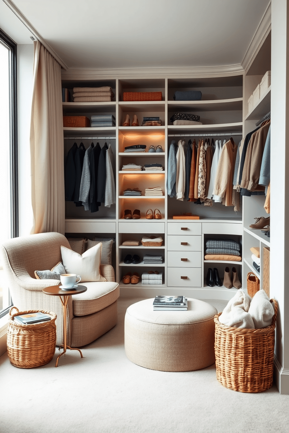 A cozy reading nook with a plush armchair upholstered in soft, textured fabric, positioned next to a large window that allows natural light to flood the space. A small side table holds a steaming cup of tea and a stack of well-loved books, while a woven basket nearby is filled with cozy blankets for added comfort. A luxurious walk-in closet featuring custom shelving and hanging space, meticulously organized with color-coordinated clothing and accessories. Soft, ambient lighting illuminates the space, while a plush ottoman in the center provides a comfortable spot for putting on shoes or enjoying a moment of relaxation.