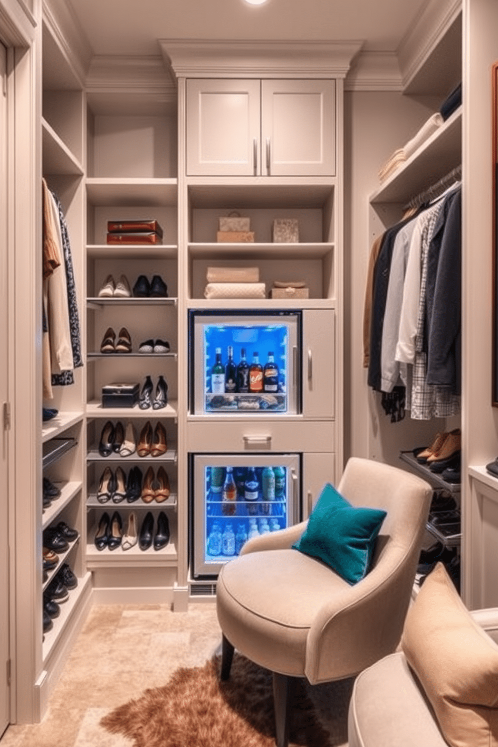 A stylish walk-in closet featuring a mini fridge discreetly installed for refreshments. The space is organized with custom shelving, elegant shoe racks, and a plush seating area for comfort.