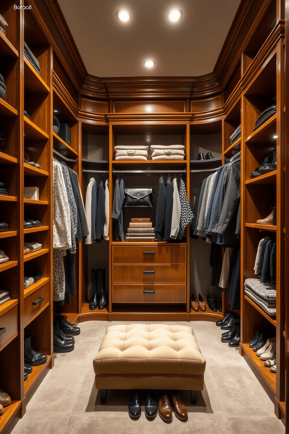 A luxurious walk-in closet featuring elegant wooden shelving and hanging rods, designed for optimal organization. Scented sachets are placed strategically among the garments, infusing the space with a refreshing aroma while keeping clothes fresh. The closet includes a plush ottoman in the center, surrounded by neatly arranged shoes on display. Soft, ambient lighting highlights the organized accessories and creates a warm, inviting atmosphere.