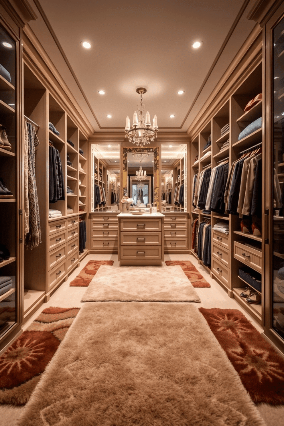 A luxurious walk-in closet featuring custom shelving and hanging space, designed for optimal organization. Plush, decorative rugs in rich textures line the floor, adding warmth and style to the space. The closet includes a central island with drawers for accessories, surrounded by well-lit sections for shoes and clothing. Elegant mirrors are strategically placed to enhance the sense of space and reflect the beautiful design elements throughout.