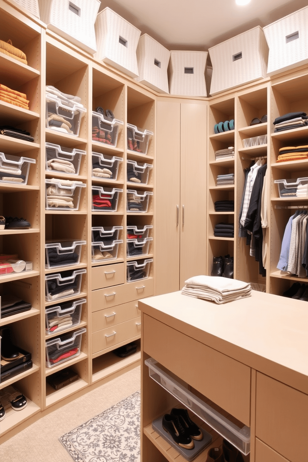 A walk-in closet designed for optimal organization features clear storage bins that allow for easy visibility of contents. Shelving units line the walls, while a central island provides additional space for folding and displaying accessories.