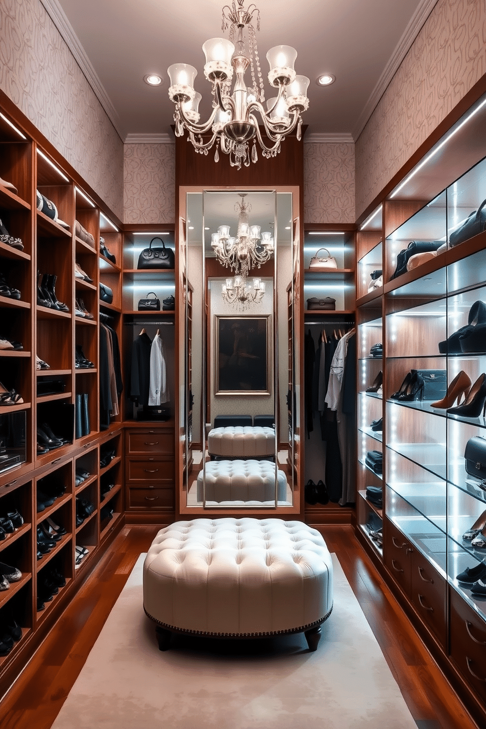 A luxurious walk-in closet featuring a full-length mirror mounted on the back wall, reflecting the elegant design of the space. The closet is organized with custom shelving, providing ample storage for shoes, handbags, and clothing, with soft lighting highlighting the rich wood finishes. In the center, a plush ottoman invites relaxation, while a chic chandelier adds a touch of glamour overhead. The walls are adorned with subtle wallpaper, creating a sophisticated backdrop for the meticulously arranged accessories and garments.