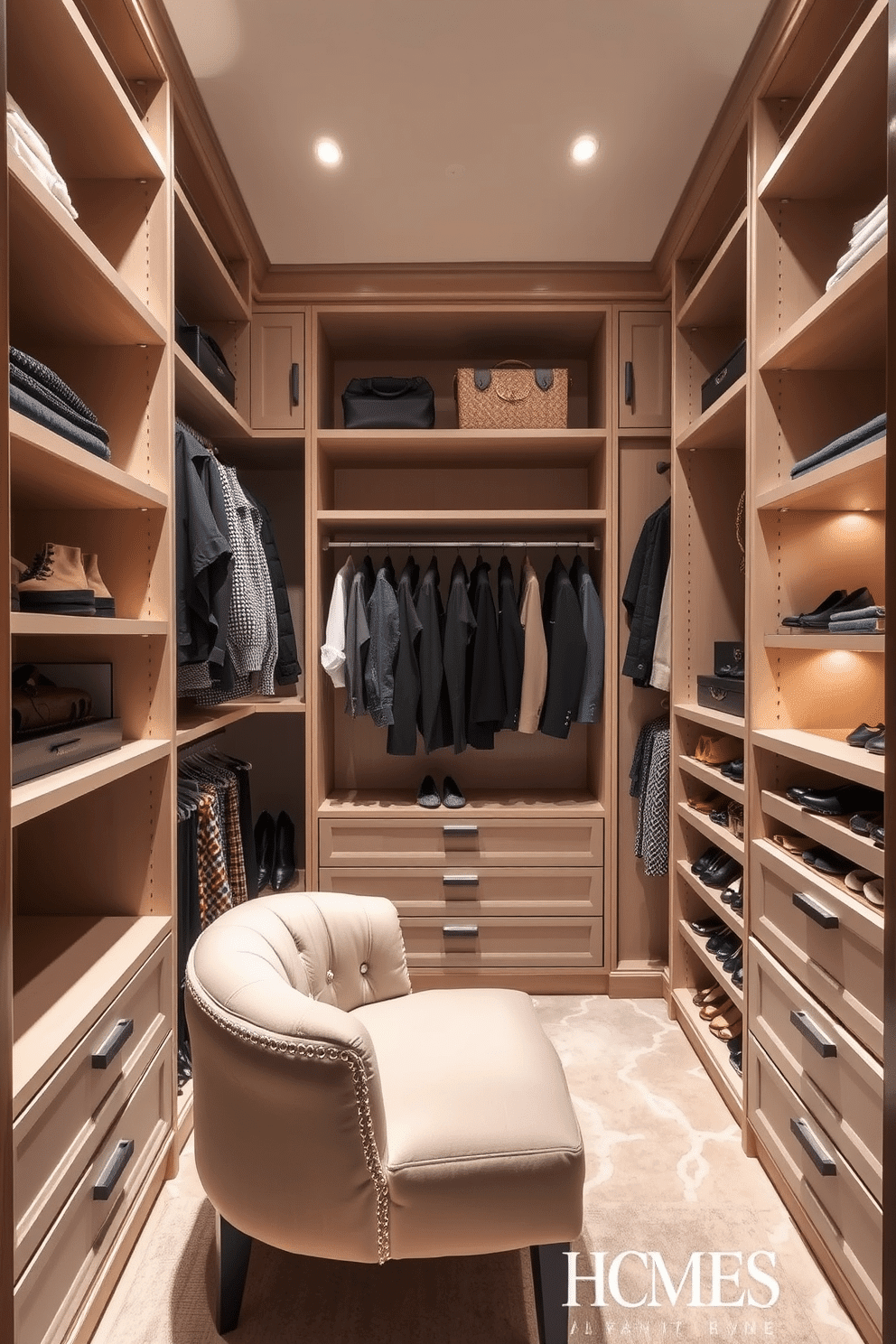 A stylish walk-in closet featuring custom shelving and hanging space, designed for optimal organization. Plush seating is included for convenience, allowing for a comfortable dressing experience. The closet boasts a combination of open and closed storage solutions, with drawers for accessories and shoes neatly arranged on display. Soft lighting illuminates the space, highlighting the elegant finishes and providing a warm ambiance.