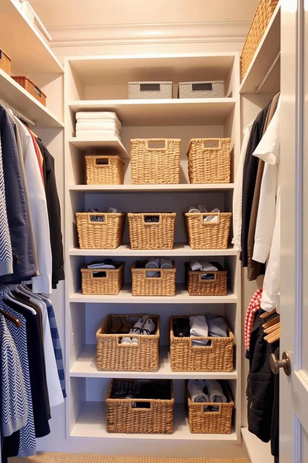 A stylish walk-in closet featuring organized shelves and hanging spaces, adorned with decorative baskets for accessories. The baskets are neatly arranged on open shelves, providing a chic storage solution while adding texture and warmth to the space.