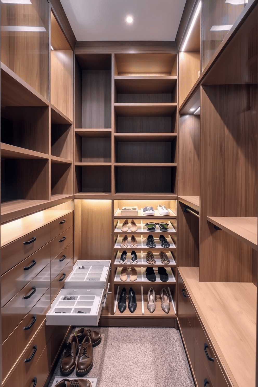 A luxurious walk-in closet featuring built-in pull-out shoe racks for optimal organization. The space is illuminated by soft LED lighting, highlighting the elegant wooden shelving and plush carpet underfoot.