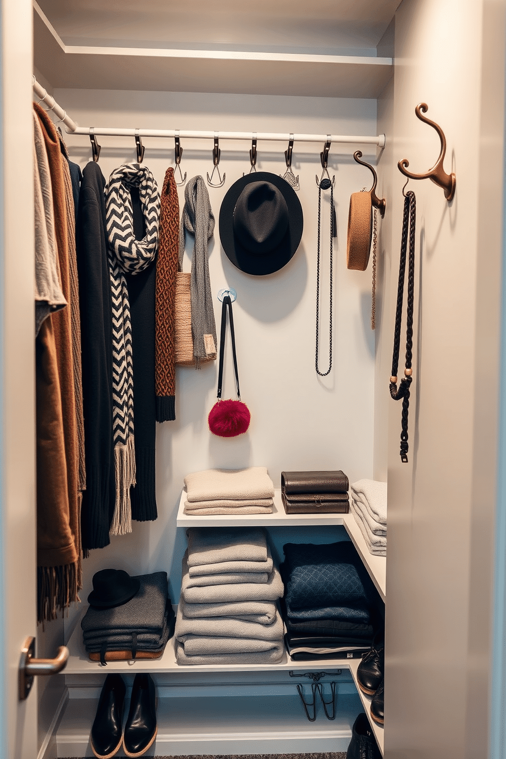 A stylish walk-in closet featuring vertical space utilization with elegant hooks mounted on the walls. The hooks display a variety of accessories, including scarves and hats, while neatly organized shelves hold folded sweaters and shoes below.