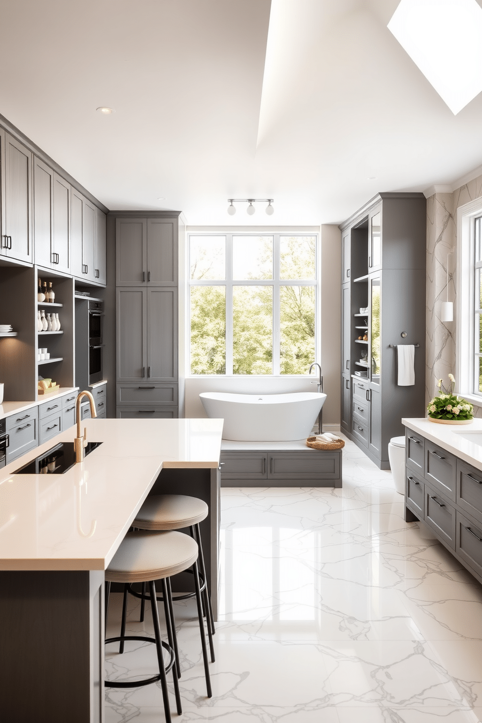 Spacious layout featuring a large kitchen island with integrated storage solutions, surrounded by sleek cabinetry in a soft gray finish. The island is topped with a contrasting white quartz surface, and stylish bar stools invite casual dining. A luxurious walk-in closet seamlessly connects to the bathroom, showcasing custom shelving for organized storage. The bathroom features a freestanding soaking tub beneath a large window, with elegant marble tiles adorning the floor and walls, creating a serene retreat.