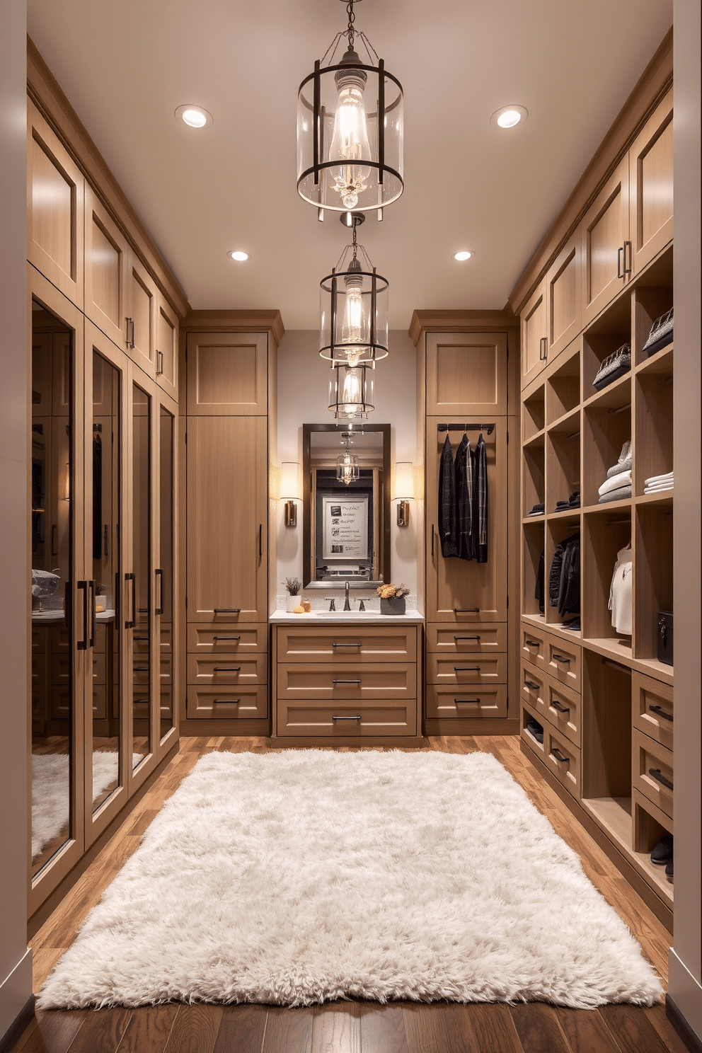 A luxurious walk-in closet featuring custom cabinetry and ample storage space, illuminated by elegant pendant lights that hang gracefully above the vanity area. The walls are adorned with soft, neutral tones, while a plush area rug adds warmth to the sophisticated design, creating a seamless transition into the adjoining bathroom.