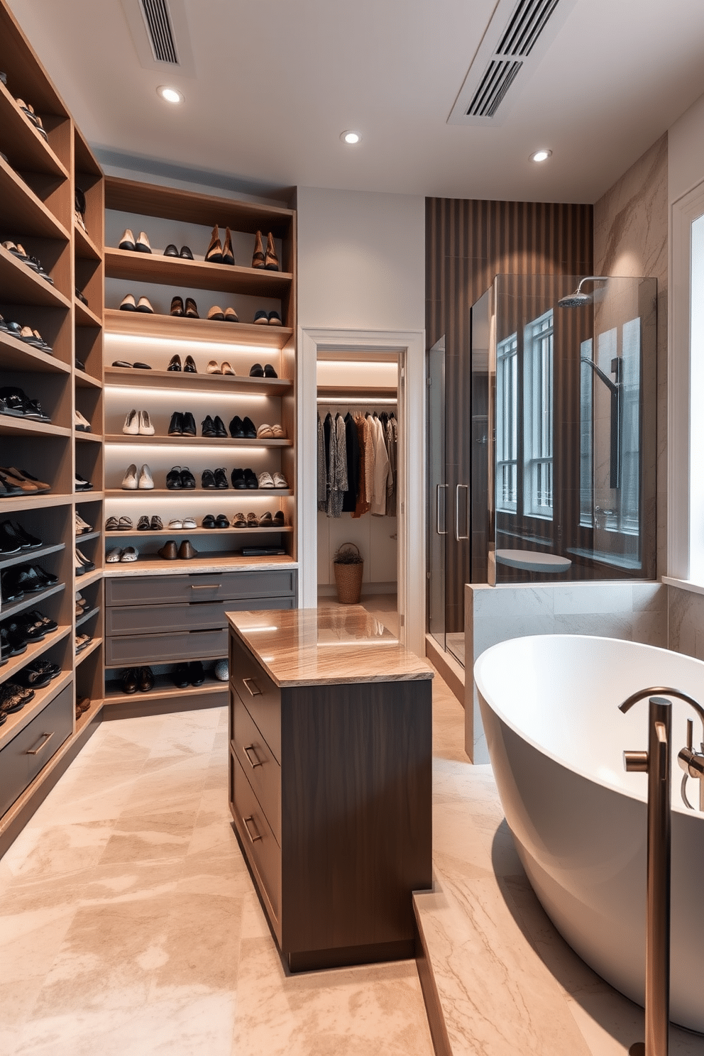 A spacious walk-in closet features open shelving for easy access to neatly organized shoes and accessories. The elegant design includes a central island with drawers, complemented by soft lighting that enhances the luxurious feel of the space. Adjacent to the closet, the bathroom showcases a seamless transition with a glass-enclosed shower and a freestanding soaking tub. The design incorporates natural stone finishes and sleek fixtures, creating a serene and sophisticated atmosphere.