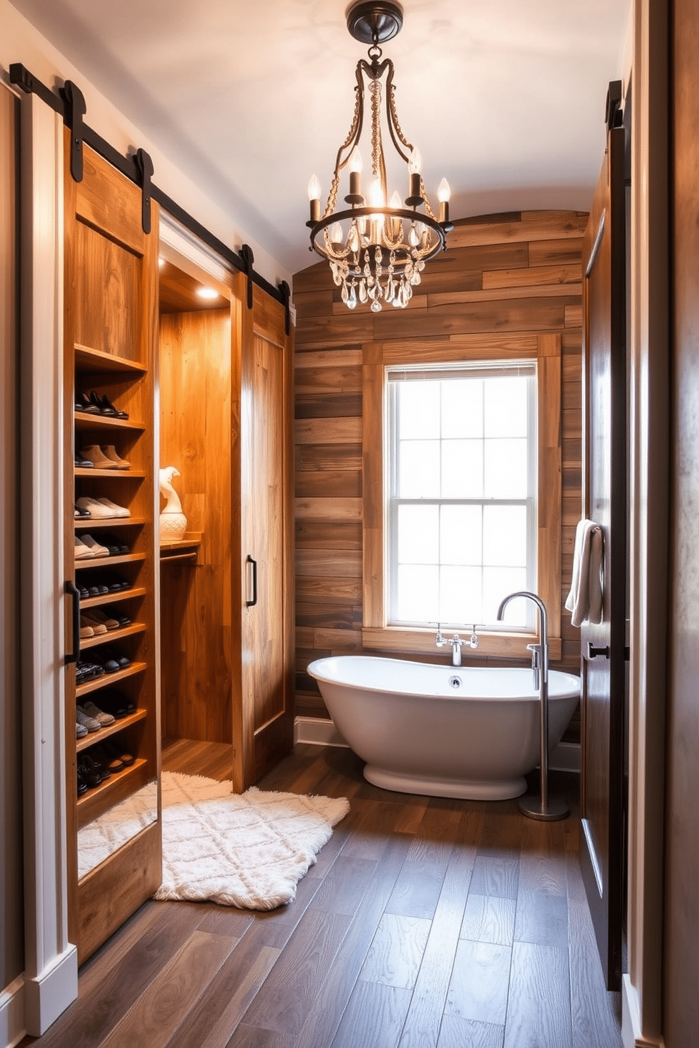 A cozy walk-in closet features sliding barn doors that enhance the rustic charm of the space. Inside, warm wooden shelving displays neatly organized shoes and accessories, while a plush area rug adds comfort underfoot. Adjacent to the closet, a luxurious bathroom showcases a freestanding soaking tub beneath a large window. The walls are adorned with reclaimed wood accents, and a vintage-style chandelier adds a touch of elegance to the serene atmosphere.