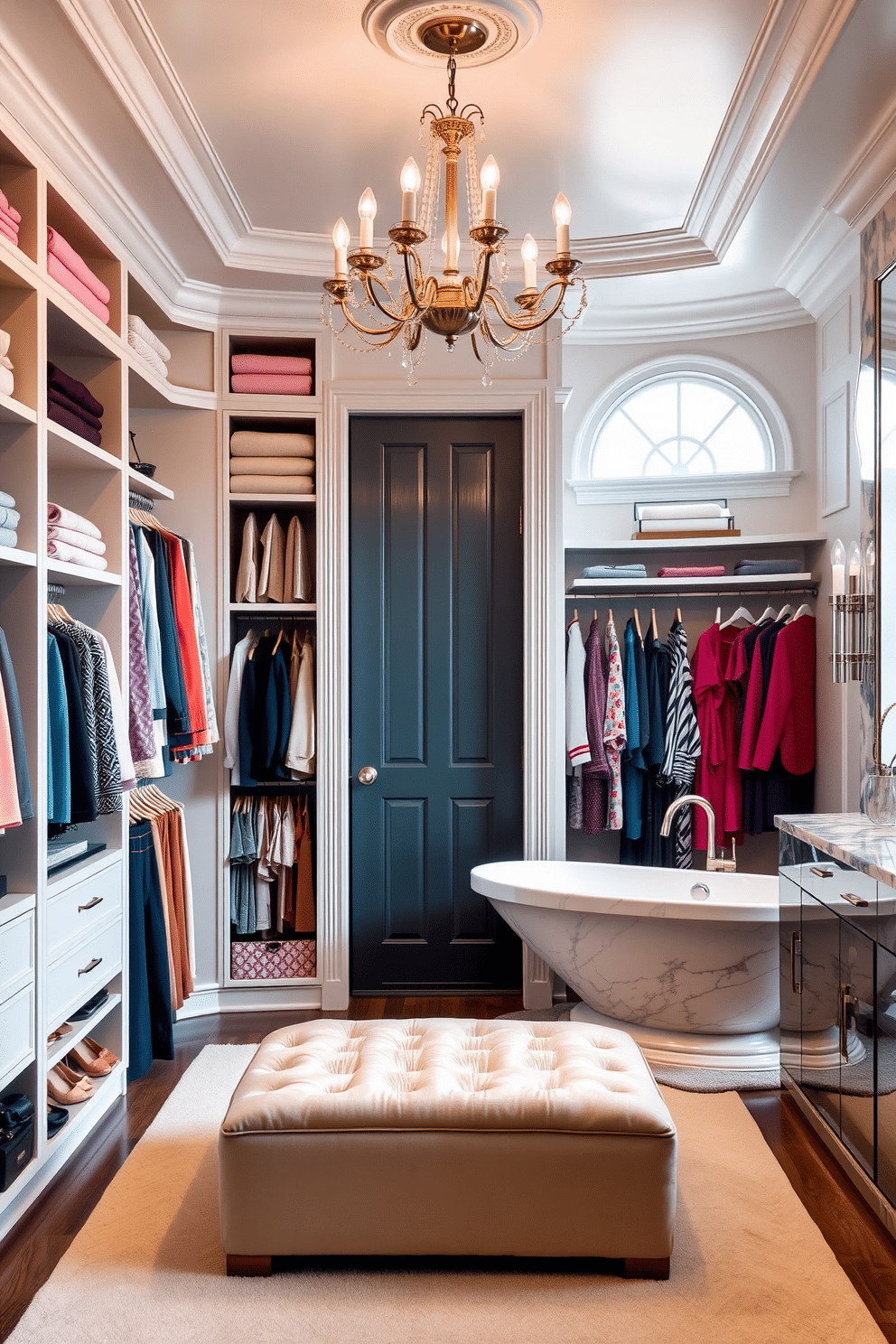 A luxurious walk-in closet featuring a color-coordinated clothing display. The walls are lined with custom shelving, showcasing an array of neatly hung garments in soft pastels and rich jewel tones. In the center, a plush ottoman provides seating, with a chic chandelier overhead casting a warm glow. Adjacent to the closet, a stylish bathroom features a freestanding tub, surrounded by elegant marble accents and a large window that invites natural light.