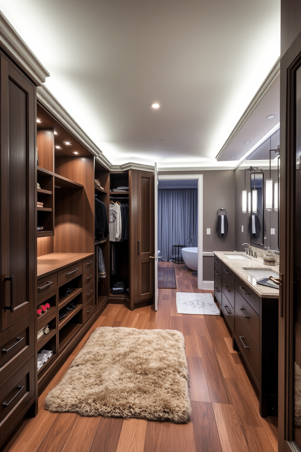 A luxurious walk-in closet featuring hidden compartments for valuables. The space is adorned with custom cabinetry, soft ambient lighting, and a plush area rug, creating an inviting atmosphere. Adjacent to the closet, a stylish bathroom showcases a freestanding soaking tub and a spacious double vanity with elegant fixtures. The design incorporates a seamless flow between the closet and bathroom, with coordinated color palettes and high-end finishes throughout.