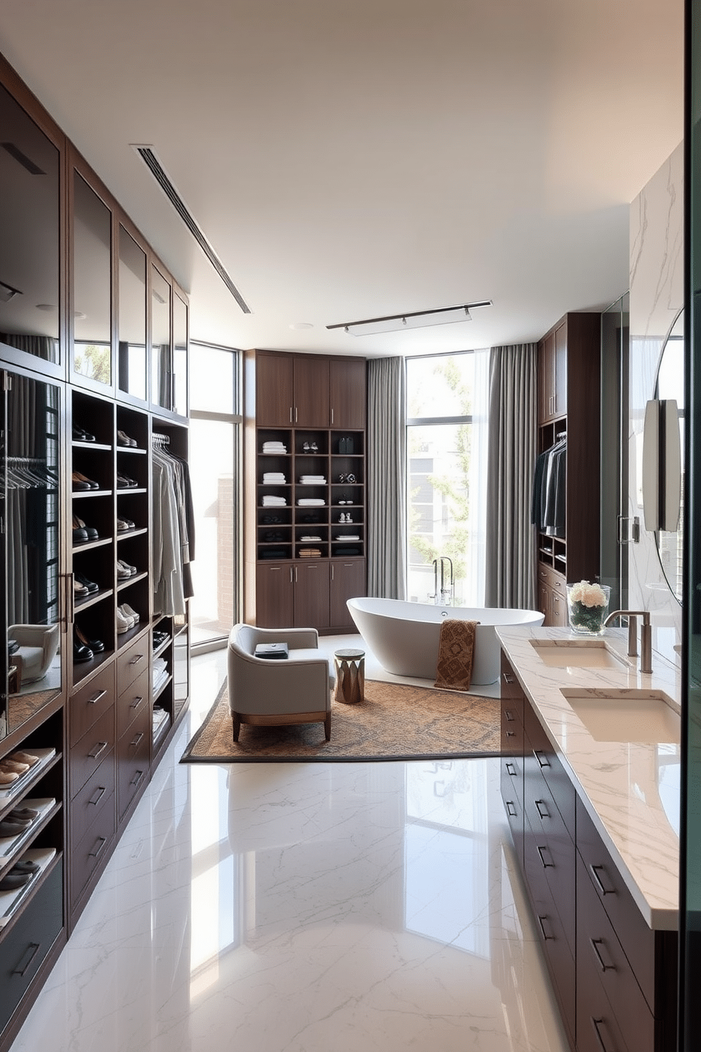 A luxurious walk-in closet features floor-to-ceiling windows that flood the space with natural light, illuminating the elegant shelving and hanging areas. The design includes a plush seating area, surrounded by organized displays of shoes and accessories, creating a serene and stylish atmosphere. Adjacent to the closet, the bathroom boasts a stunning design with a freestanding soaking tub positioned under a large window. The space is accented by marble tiles, a double vanity with sleek fixtures, and a spacious glass shower, providing a perfect blend of functionality and sophistication.