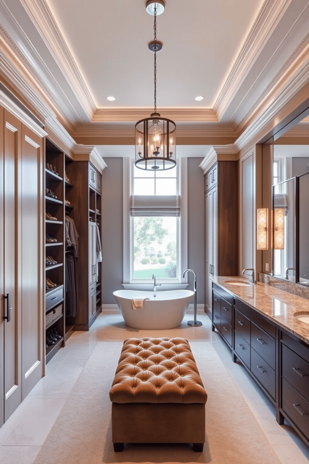 A luxurious walk-in closet featuring elegant crown molding that enhances the polished aesthetic. The space is adorned with custom cabinetry, providing ample storage for shoes and clothing, while a plush ottoman sits at the center for comfort. Adjacent to the closet, the bathroom showcases a freestanding soaking tub beneath a large window, allowing natural light to flood the space. The dual vanities are topped with a striking quartz surface, complemented by stylish fixtures and a decorative pendant light hanging above.