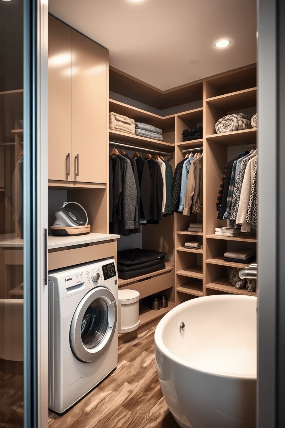 Integrated laundry space in closet. The design features a compact washer and dryer tucked behind sleek cabinetry, with a countertop above for folding clothes and a built-in ironing board. Walk-In-Closet with Bathroom Design Ideas. The spacious closet includes custom shelving and hanging space, seamlessly transitioning into a luxurious bathroom area with a freestanding tub and elegant lighting.