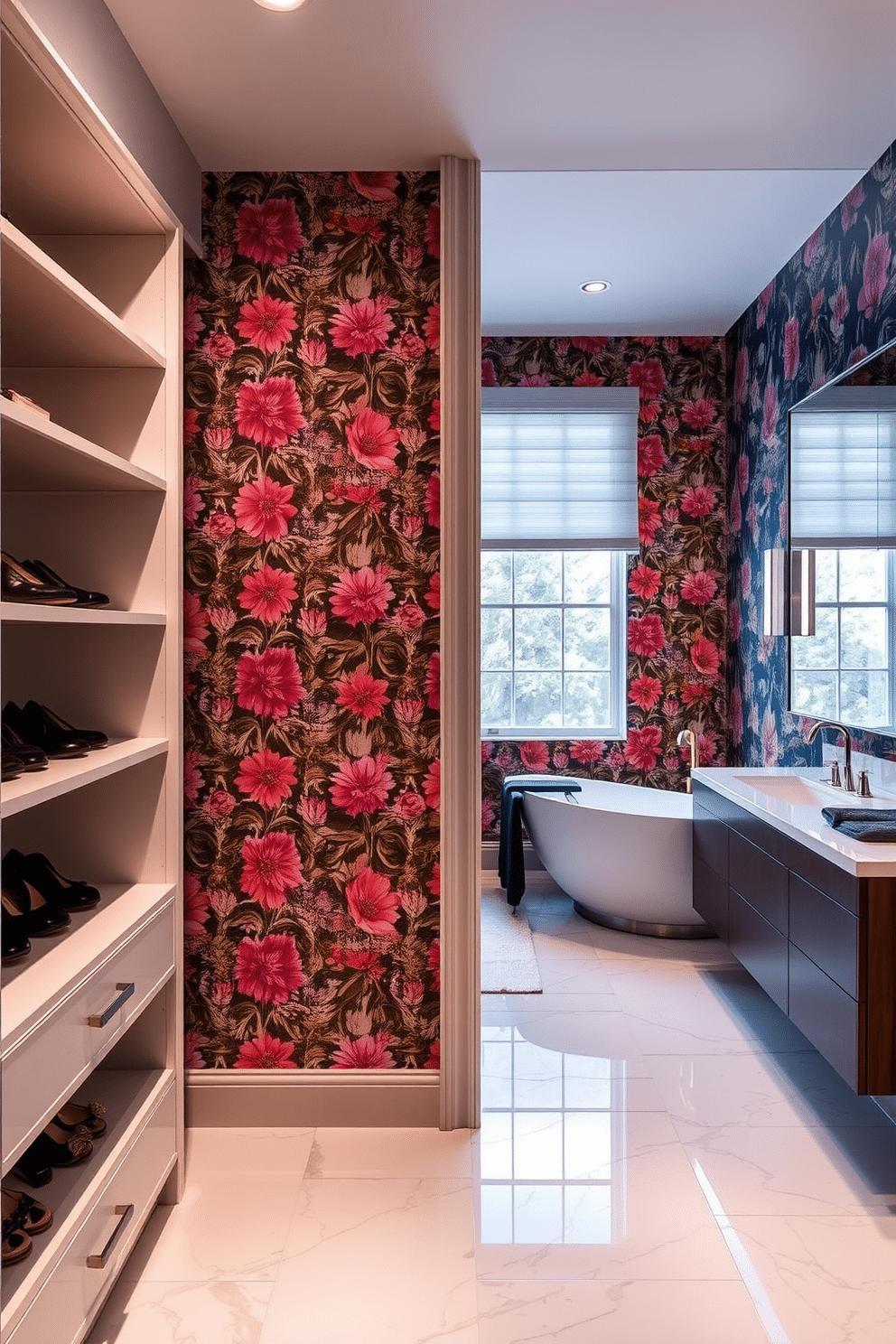 A vibrant accent wallpaper adorns one wall of the walk-in closet, featuring a bold floral pattern that adds a touch of personality to the space. The opposite wall showcases elegant built-in shelving, providing ample storage for shoes and accessories, while soft, ambient lighting enhances the overall atmosphere. Adjacent to the closet, the bathroom design features a spacious layout with a freestanding soaking tub positioned under a large window. Sleek marble tiles cover the floor, complemented by a stylish double vanity with modern fixtures and a large mirror that reflects the vibrant wallpaper, creating a cohesive and inviting aesthetic.