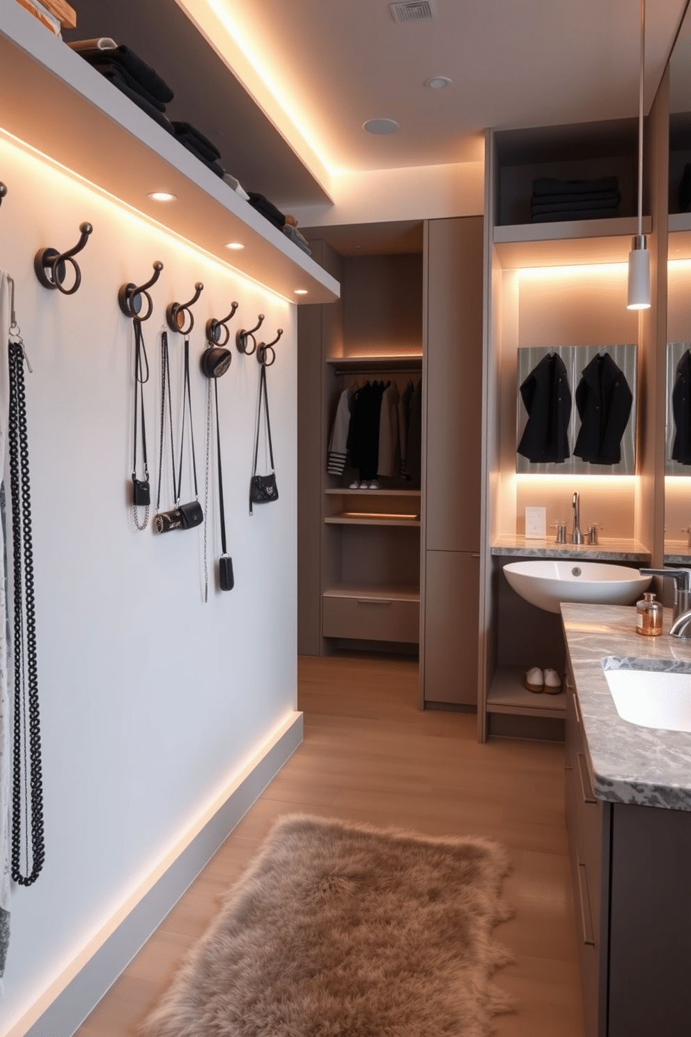 A chic walk-in closet showcases stylish hooks for displaying accessories, elegantly arranged on a wall adorned with soft, ambient lighting. The closet features a plush area rug, while the adjoining bathroom boasts a sleek freestanding tub and a modern, double-sink vanity with a polished stone countertop.