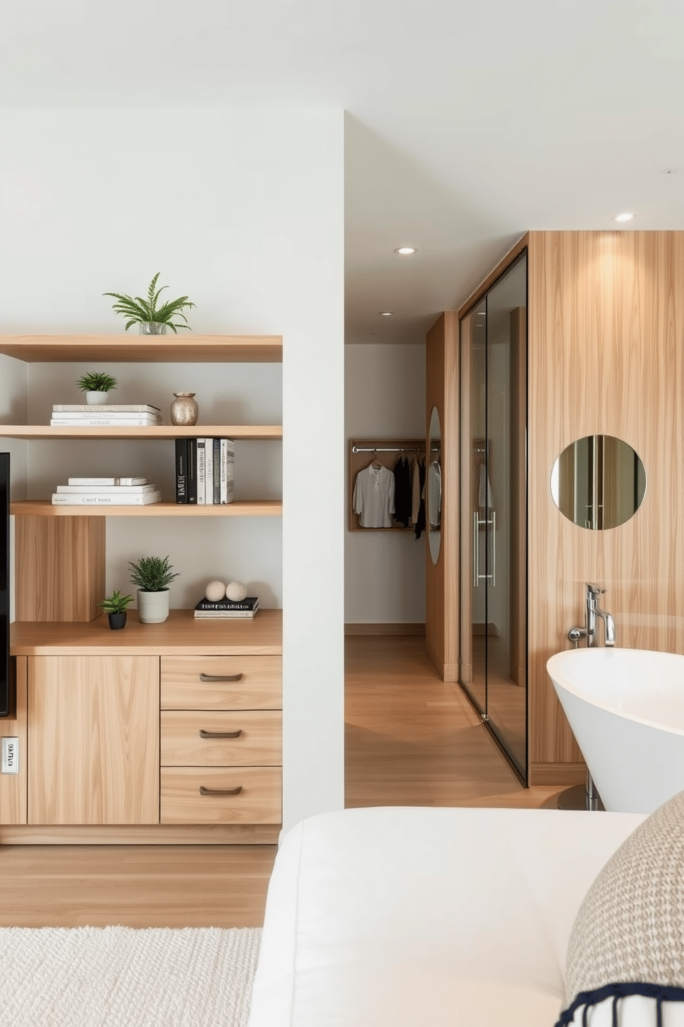 A serene minimalist living space featuring floating shelves made of light wood. The shelves are adorned with a curated selection of books and small potted plants, providing a clean and uncluttered aesthetic. An elegant walk-in closet seamlessly integrated with a luxurious bathroom. The closet showcases custom cabinetry with soft-close drawers, while the bathroom features a freestanding soaking tub and a large walk-in shower with glass doors.