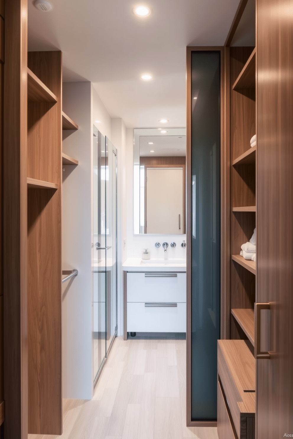 A compact walk-in closet seamlessly integrates with a stylish bathroom, maximizing space without sacrificing elegance. The closet features custom shelving and hanging rods, while the bathroom showcases a sleek, glass-enclosed shower and a minimalist vanity with ample storage. The walls are adorned with light, neutral tones to create an airy atmosphere, complemented by warm wooden accents. A large mirror above the vanity enhances the sense of space, and strategically placed lighting adds a touch of sophistication.