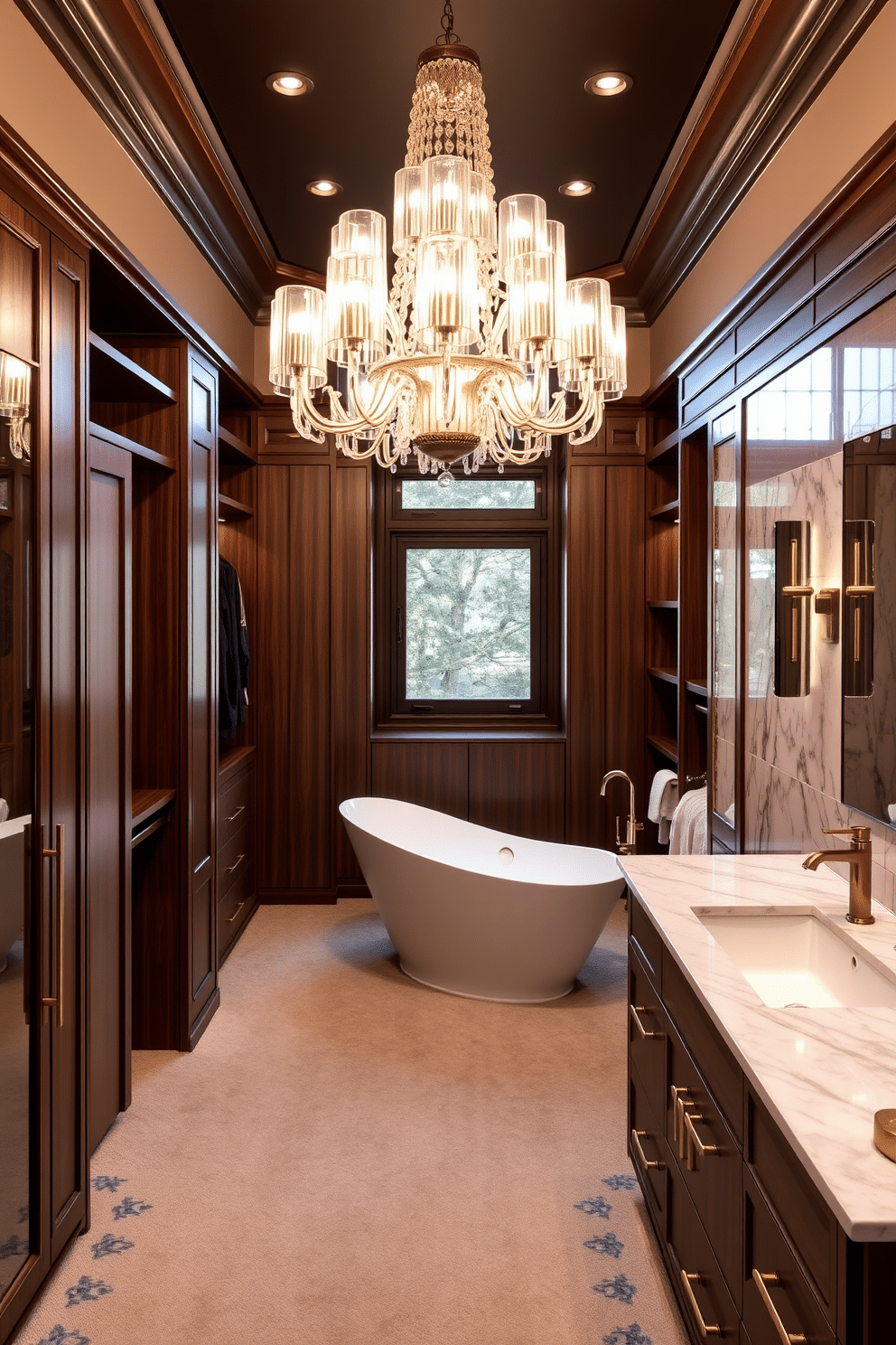 A stunning walk-in closet features a luxury chandelier as the focal point, casting a warm glow over the elegant space. The walls are lined with custom cabinetry in a rich walnut finish, while plush carpeting adds comfort underfoot. Adjacent to the closet, the bathroom showcases a spa-like atmosphere with a freestanding soaking tub positioned beneath a large window. Marble tiles in soft gray hues create a serene backdrop, complemented by brushed gold fixtures and a stylish double vanity.