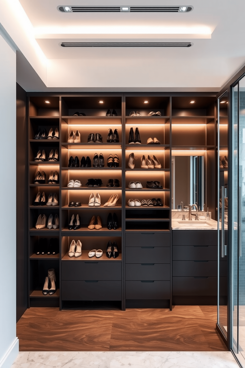 A luxurious walk-in closet featuring smart storage solutions for shoes. The space includes custom-built shelving with adjustable compartments, elegantly showcasing an array of designer footwear. Adjacent to the closet, a chic bathroom area complements the design. It features a sleek double vanity with a marble top, surrounded by soft ambient lighting and a spacious shower with glass doors.