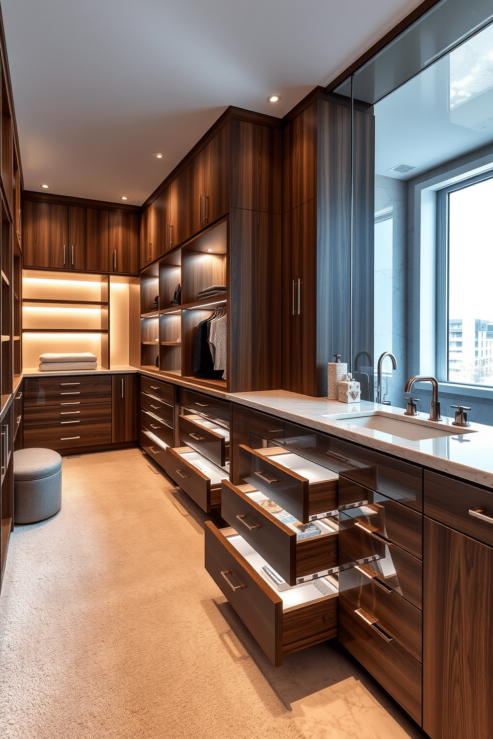 A luxurious walk-in closet featuring integrated lighting within the drawers, illuminating the contents for easy access. The space is adorned with custom cabinetry in a rich walnut finish, complemented by plush carpeting and a stylish ottoman for seating. Adjacent to the closet, the bathroom boasts a spa-like atmosphere with a freestanding soaking tub and a large window allowing natural light to flood the space. Elegant marble tiles grace the floor and walls, while a double vanity with sleek fixtures provides ample storage and functionality.