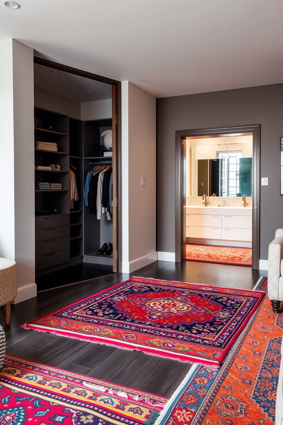 A vibrant collection of colorful rugs is spread across a spacious living area, each featuring intricate patterns that complement the overall decor. The rugs are layered for added texture, creating a cozy atmosphere that invites relaxation and warmth. The walk-in closet boasts elegant shelving and hanging space, designed with a modern aesthetic in mind. Adjacent to the closet, the bathroom features a sleek double vanity with a stylish backsplash, providing a seamless transition between the two spaces.