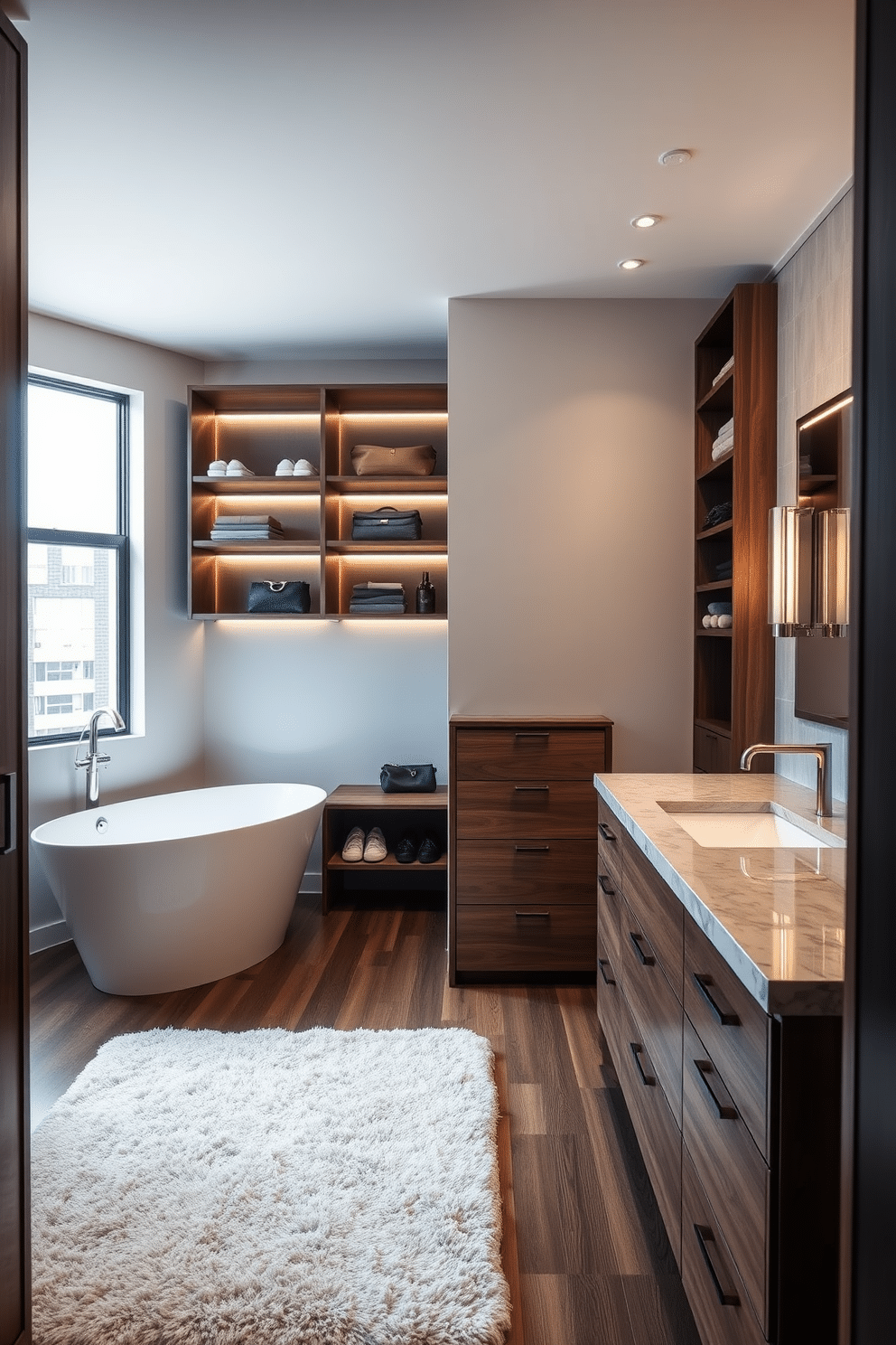 A stylish walk-in closet features built-in shelves crafted from rich walnut wood, providing organized storage for shoes, bags, and accessories. Soft LED lighting illuminates the space, highlighting a plush area rug that adds warmth and comfort underfoot. Adjacent to the closet, the bathroom showcases a sleek design with a freestanding soaking tub positioned beneath a large window. Elegant wall-mounted sconces flank the mirror above a double vanity, which is topped with a polished quartz surface and complemented by modern fixtures.