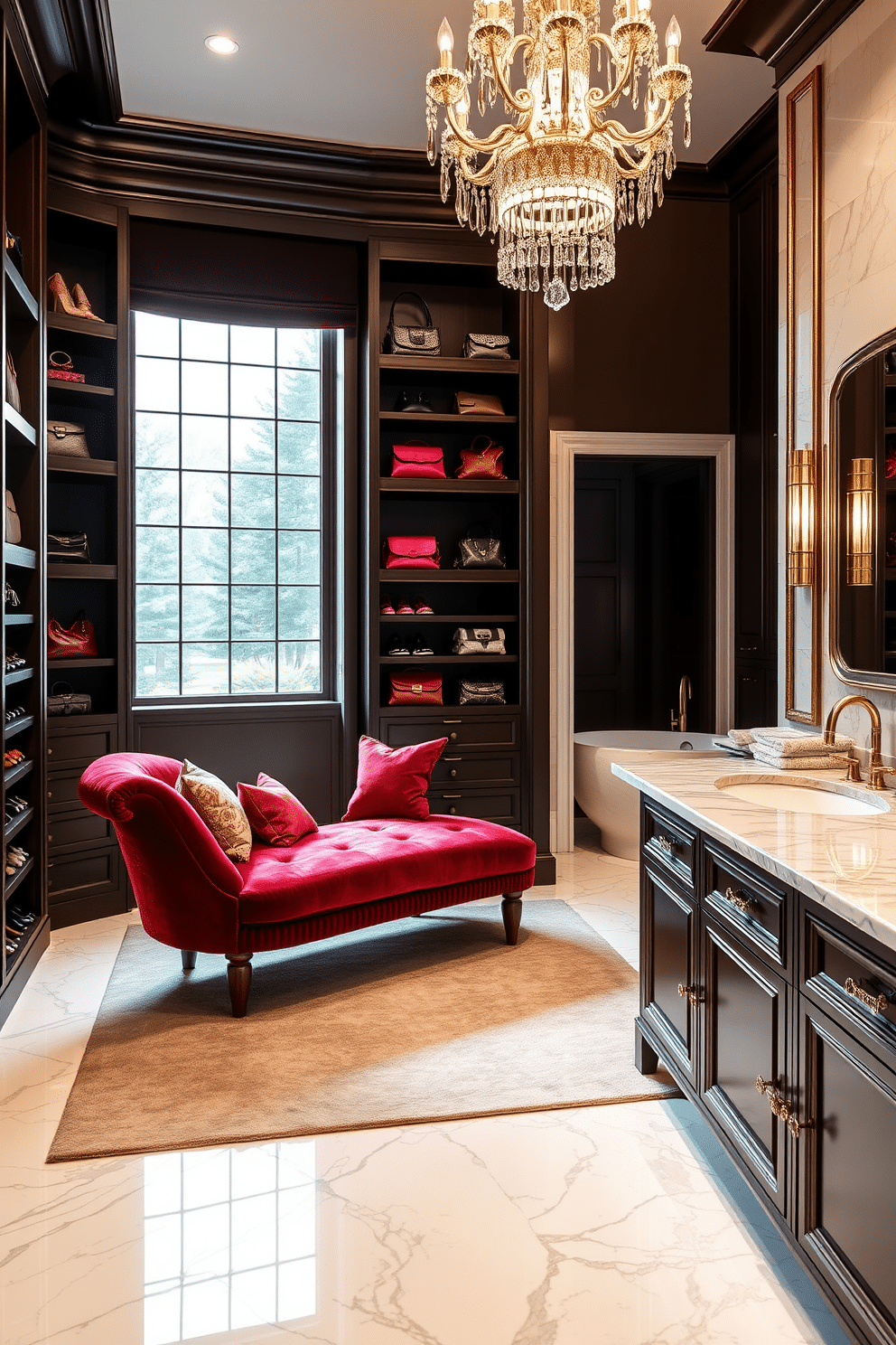 A luxurious seating area in a walk-in closet features a plush velvet chaise lounge in a rich jewel tone, elegantly positioned beneath a crystal chandelier. The walls are lined with custom cabinetry, showcasing an array of designer handbags and shoes, while a soft area rug adds warmth underfoot. Adjacent to the seating area, the bathroom design incorporates a sleek freestanding soaking tub surrounded by marble tiles, complemented by a stylish floor-to-ceiling window that floods the space with natural light. A double vanity with intricate cabinetry and brushed gold fixtures completes the opulent atmosphere, providing both functionality and sophistication.