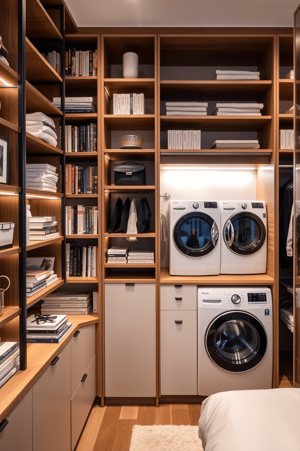 A stylish open shelving unit lines the walls, showcasing an array of neatly organized books and decorative items. The shelving features a mix of wood and metal elements, creating a modern yet warm aesthetic that invites creativity and organization. The walk-in closet is designed with a dedicated laundry area, featuring a sleek washer and dryer tucked behind elegant cabinetry. Soft, ambient lighting highlights the space, while a comfortable bench provides a practical spot for folding clothes and organizing accessories.