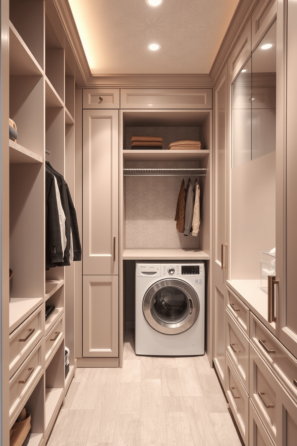 A luxurious walk-in closet featuring textured wallpaper in a soft, neutral tone that adds depth and character to the space. The closet is designed with built-in shelving and hanging racks, seamlessly integrating a laundry area with a compact washer and dryer tucked behind elegant cabinetry. The laundry section includes a stylish folding station, surrounded by ample storage for laundry essentials. Soft, ambient lighting highlights the textures of the wallpaper and creates a warm, inviting atmosphere.