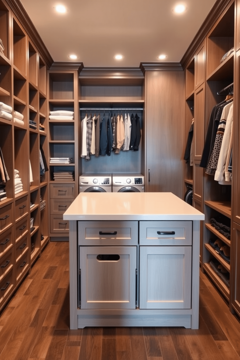 A functional island for folding clothes is centrally located in the walk-in closet, surrounded by custom cabinetry for ample storage. The island features a smooth countertop with built-in hampers and drawers, providing a practical and stylish workspace for organizing laundry. The walk-in closet is designed with a blend of open shelving and hanging space, illuminated by warm recessed lighting. A dedicated laundry area includes a stackable washer and dryer, seamlessly integrated into the cabinetry, ensuring efficiency and ease of use.