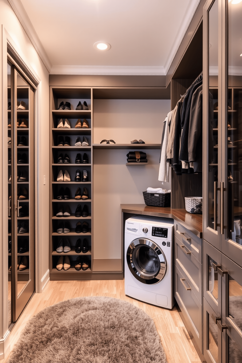 A stylish walk-in closet features vertical storage solutions for shoes, utilizing sleek shelving that maximizes space and keeps footwear organized. The walls are adorned with soft, neutral tones, and a plush area rug adds warmth to the design. Incorporating laundry design ideas, the closet includes a dedicated laundry area with a compact washer and dryer tucked away behind elegant cabinetry. A folding station is seamlessly integrated, providing a functional yet chic space for managing laundry efficiently.