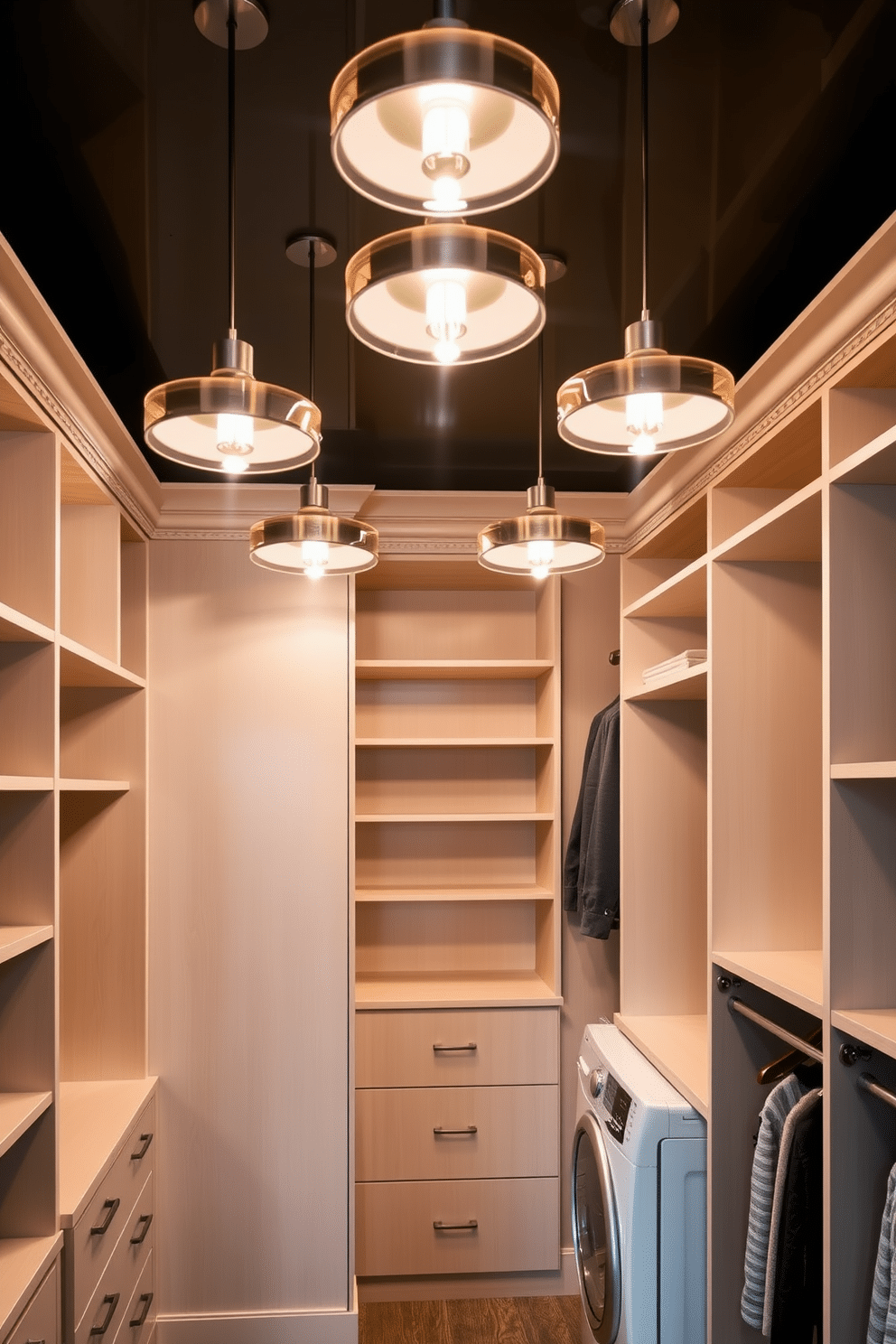 Elegant pendant lighting for a walk-in closet. The ceiling is adorned with a cluster of sleek, modern pendant lights that cast a warm glow, highlighting the luxurious finishes of the space. The walk-in closet features custom shelving and hanging rods, designed for optimal organization. A dedicated laundry area is seamlessly integrated, with a stylish washer and dryer tucked behind cabinetry that matches the closet's elegant aesthetic.