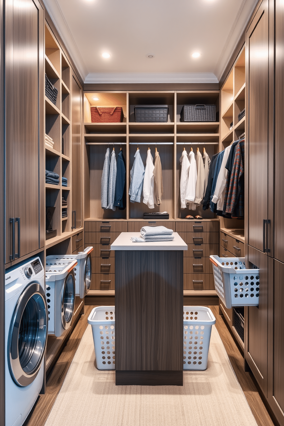 A modern walk-in closet featuring efficient laundry basket pull-outs seamlessly integrated into the cabinetry. The design includes ample shelving and hanging space, with a stylish island in the center for folding clothes, all accented by soft, ambient lighting.