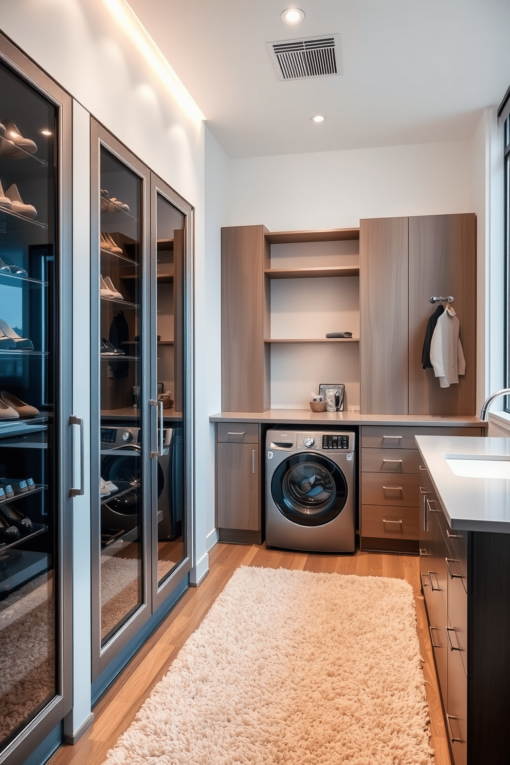 A modern walk-in closet features elegant glass-front cabinets that showcase a curated collection of shoes and accessories, allowing for easy visibility and organization. The space is complemented by soft, ambient lighting that highlights the textures of the materials used, while a plush area rug adds warmth underfoot. Adjacent to the closet, a laundry area is seamlessly integrated with stylish cabinetry and a functional countertop for folding clothes. The design includes a stackable washer and dryer, surrounded by ample storage for laundry essentials, all within a bright and airy atmosphere created by large windows.