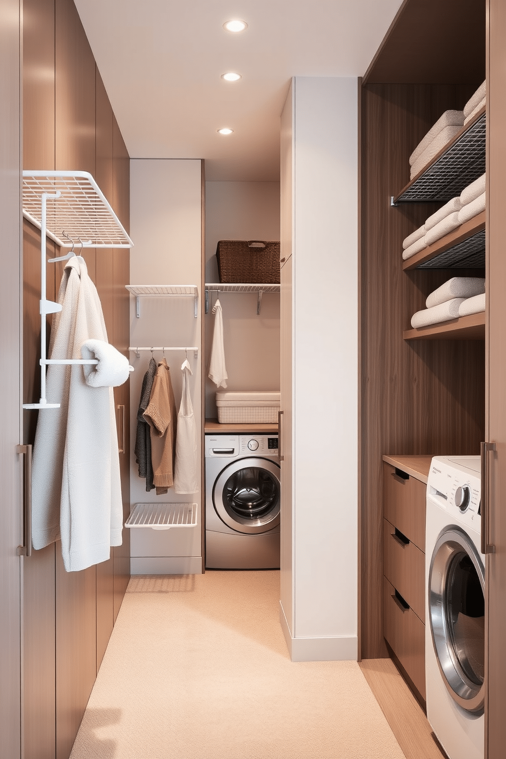 A stylish walk-in closet features wall-mounted drying racks that maximize space efficiency while maintaining a sleek aesthetic. The racks are integrated into the design, allowing for easy access and organization, complementing the elegant cabinetry and soft lighting. Adjacent to the drying area, the laundry section is seamlessly incorporated with a modern washer and dryer, surrounded by ample storage solutions. Soft, neutral colors and textured materials create a warm and inviting atmosphere, making laundry day feel less like a chore.