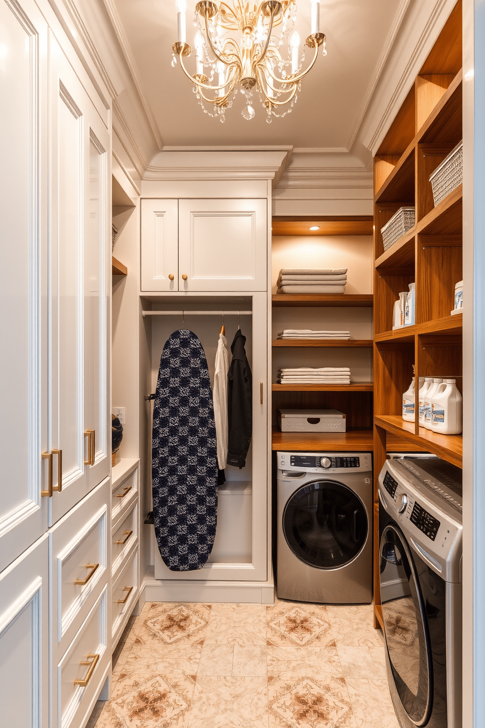 A stylish walk-in closet features a hidden ironing board seamlessly integrated into the cabinetry, ensuring functionality without compromising aesthetics. The cabinetry is finished in a soft white, with elegant gold hardware, and the space is illuminated by a chic chandelier. Adjacent to the ironing board, a dedicated laundry area is designed with organized storage solutions, including pull-out hampers and shelving for detergents. Soft, ambient lighting enhances the warm tones of the wooden shelving, creating an inviting atmosphere for this multi-functional space.