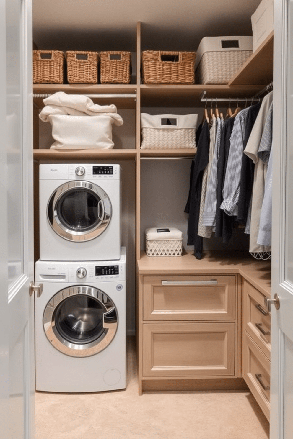 A well-organized walk-in closet features seasonal storage above the closet rods, utilizing the vertical space efficiently. The design incorporates elegant baskets and labeled bins, making it easy to access seasonal clothing while maintaining a clean aesthetic. The laundry area within the walk-in closet is seamlessly integrated, showcasing a compact washer and dryer tucked behind stylish cabinetry. A dedicated folding station with a countertop complements the design, providing functionality without compromising on style.