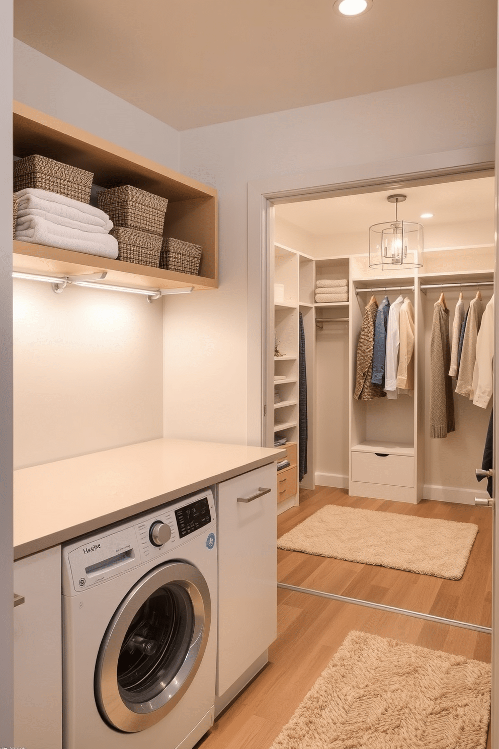 A stylish laundry area featuring an integrated washer and dryer seamlessly fitted under a sleek countertop. Above the counter, open shelving displays neatly folded towels and decorative storage baskets, while the walls are adorned with soft, neutral tones to create a calming atmosphere. Adjacent to the laundry space, a spacious walk-in closet is designed with custom shelving and hanging rods to maximize storage. Elegant lighting fixtures illuminate the area, and a plush area rug adds warmth, making the closet both functional and inviting.