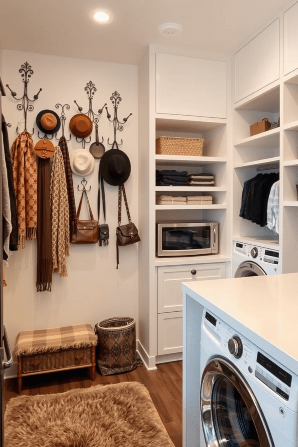 A stylish walk-in closet featuring decorative hooks for accessories display. The hooks are elegantly arranged on a wall, showcasing a variety of scarves, hats, and bags, while a plush area rug adds warmth to the space. Adjacent to the accessory display, a well-organized laundry area is seamlessly integrated into the closet design. Equipped with modern appliances, the laundry section includes built-in shelves for storage and a sleek countertop for folding clothes.