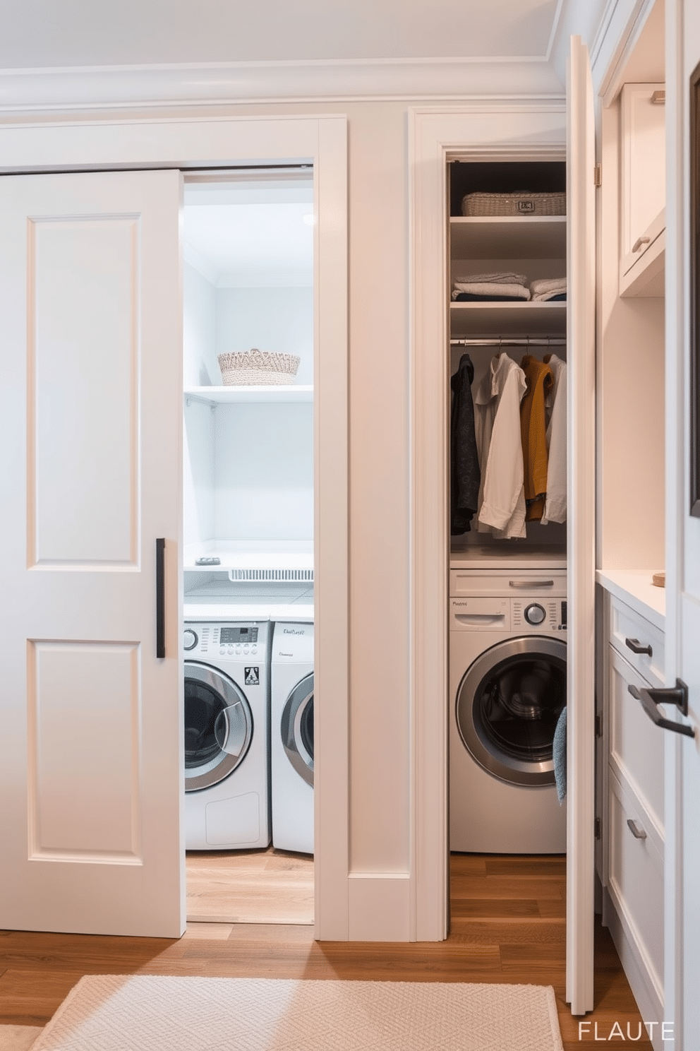 A cozy laundry nook features pocket doors that elegantly slide open to reveal a compact yet functional space. The area is equipped with a stylish washer and dryer set, surrounded by built-in shelves for storage and organization. Adjacent to the laundry nook, the walk-in closet showcases clever design ideas that maximize space and accessibility. Custom cabinetry and hanging rods provide ample storage, while a soft rug adds warmth and comfort to the room.