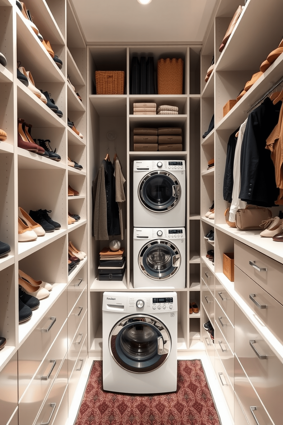 A luxurious walk-in closet designed for optimal organization features floor-to-ceiling shelves lined with neatly arranged shoes and accessories. The space includes a dedicated laundry area with a stylish washer and dryer, seamlessly integrated into the cabinetry for a clean, cohesive look.