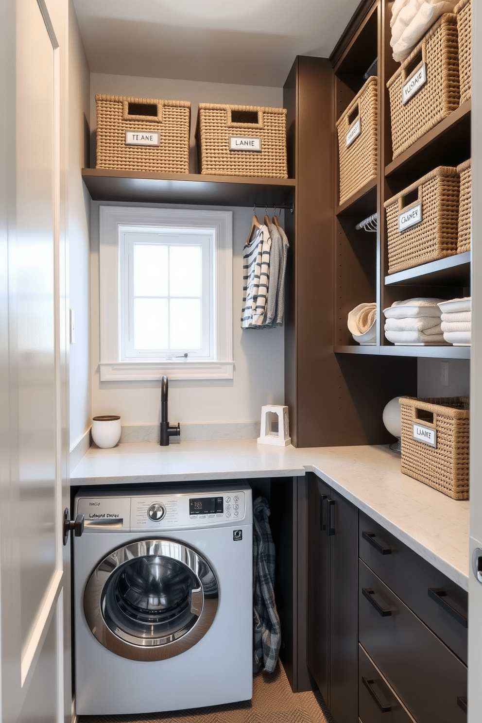 A stylish walk-in closet features personalized labels on organized bins, ensuring everything has its designated place. The bins are crafted from woven material in soft neutral tones, adding warmth to the space. Incorporated into the design is a dedicated laundry area with sleek cabinetry and a compact washer-dryer unit. The countertop, made of durable quartz, provides ample space for folding clothes, while a small window allows natural light to brighten the room.