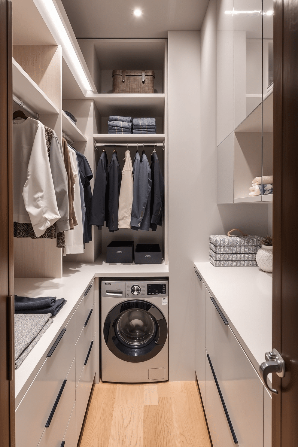 A modern walk-in closet featuring sleek countertops designed for folding clothes. The space includes built-in shelving and hanging racks, with a stylish laundry area seamlessly integrated, showcasing a compact washer and dryer beneath a countertop for added convenience.