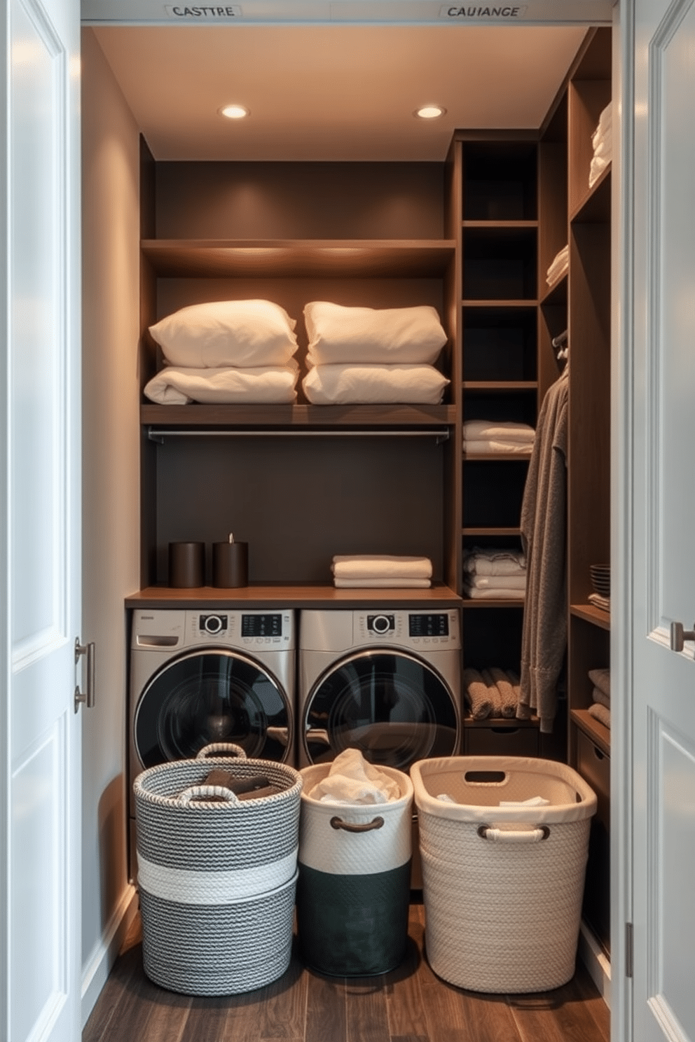 A collection of stylish laundry baskets designed to enhance the aesthetics of a modern laundry room. Each basket features a unique texture and color palette, seamlessly blending functionality with chic decor. A luxurious walk-in closet that incorporates innovative laundry design ideas. The space includes dedicated sections for sorting and storing laundry, with elegant shelving and soft lighting to create an inviting atmosphere.